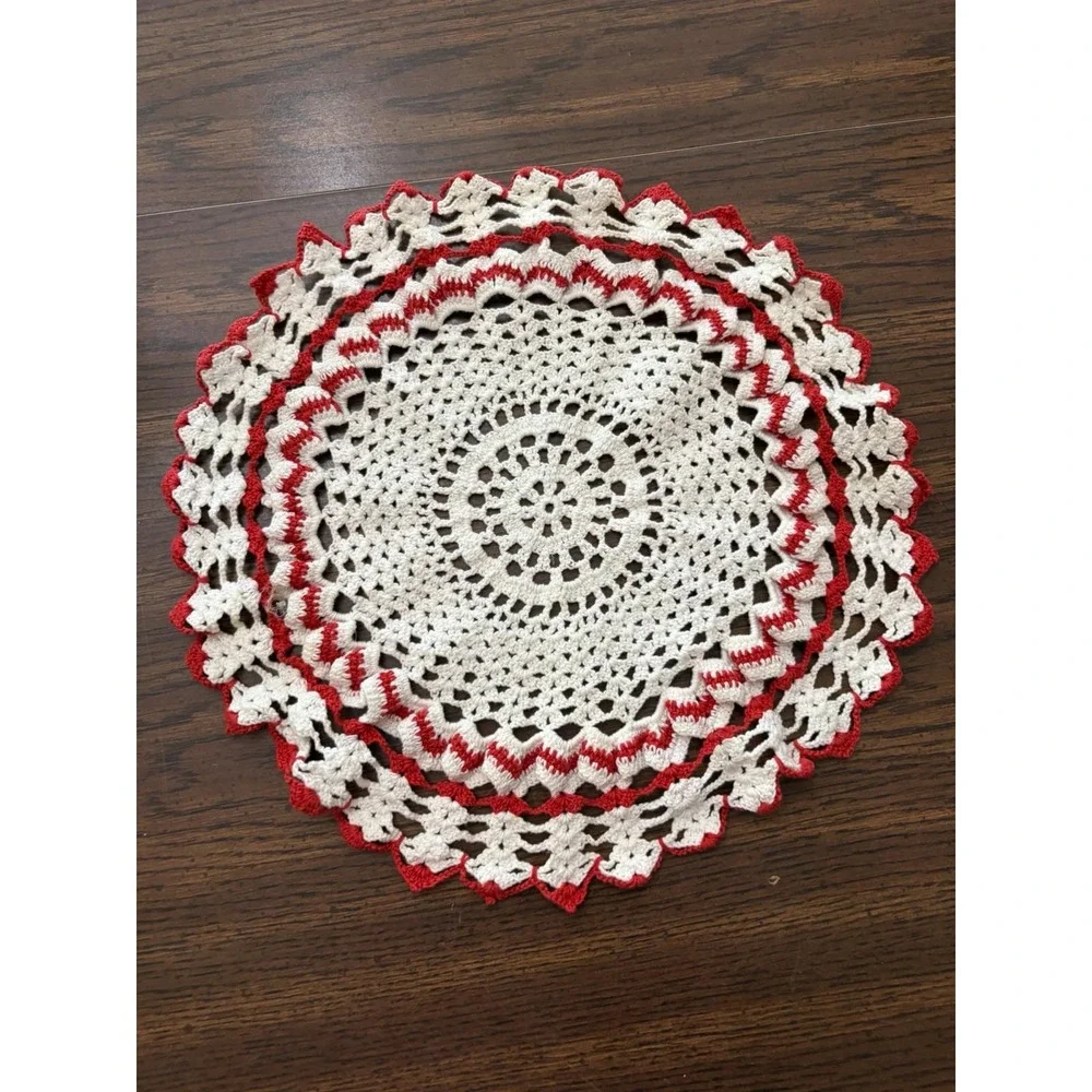 Vintage Red White Crochet Doily 11